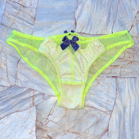 VS Lace Mesh Satin Panty Bikini Yellow Polka Dot Very Sexy Small - Picture 3 of 7